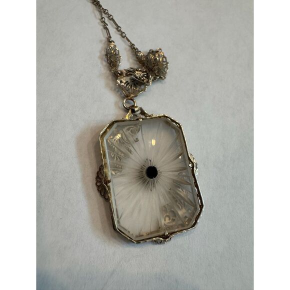 Art Deco Camphor Glass And Diamond Simulant Pendant Necklace - Picture 3 of 6